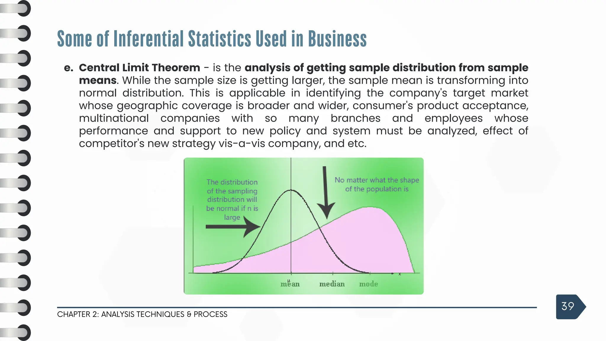 Some of Inferential Statistics Used in Business
CHAPTER 2: ANALYSIS TECHNIQUES & PROCESS
39
e. Central Limit Theorem - is the analysis of getting sample distribution from sample
means. While the sample size is getting larger, the sample mean is transforming into
normal distribution. This is applicable in identifying the company's target market
whose geographic coverage is broader and wider, consumer's product acceptance,
multinational companies with so many branches and employees whose
performance and support to new policy and system must be analyzed, effect of
competitor's new strategy vis-a-vis company, and etc.
 