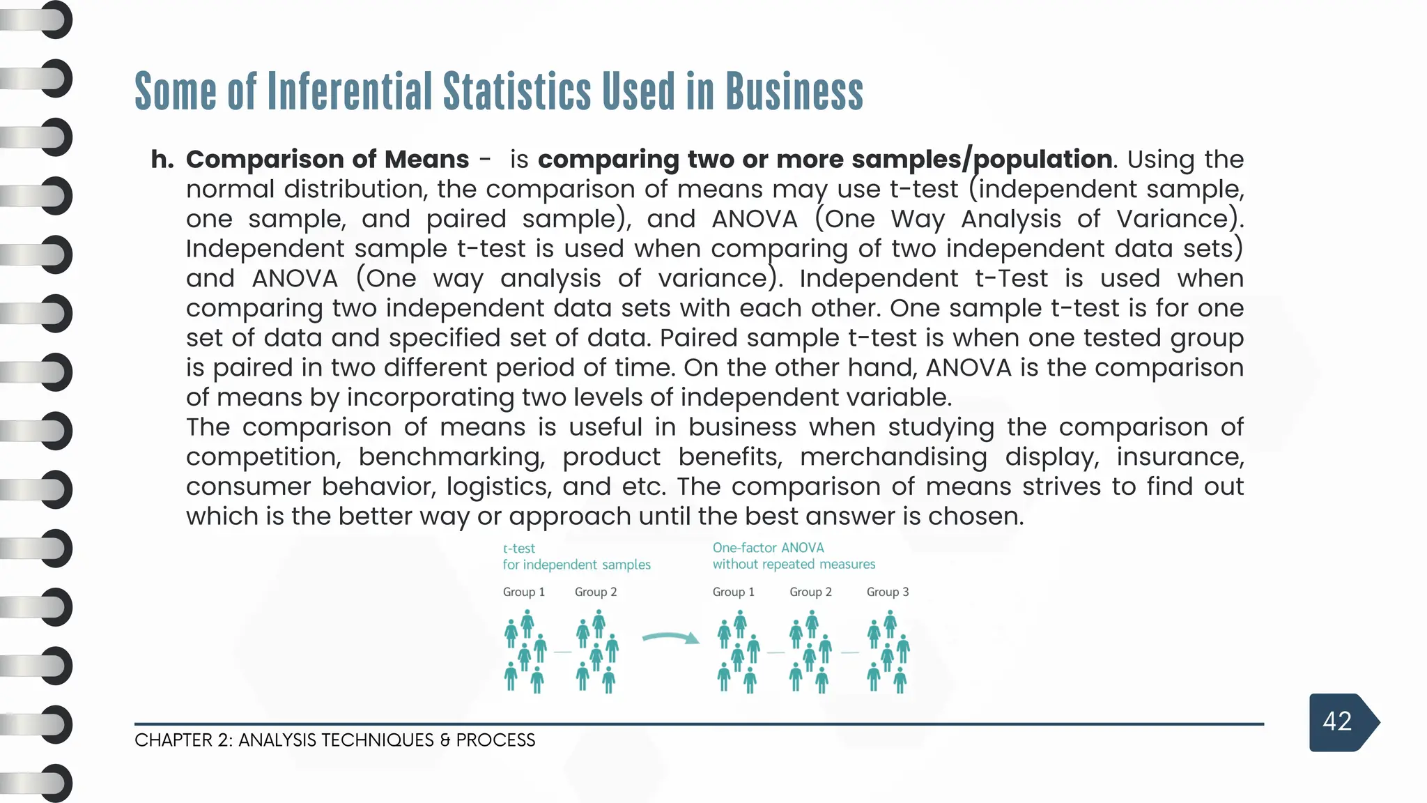 Comparison of Means - is comparing two or more samples/population. Using the
normal distribution, the comparison of means may use t-test (independent sample,
one sample, and paired sample), and ANOVA (One Way Analysis of Variance).
Independent sample t-test is used when comparing of two independent data sets)
and ANOVA (One way analysis of variance). Independent t-Test is used when
comparing two independent data sets with each other. One sample t-test is for one
set of data and specified set of data. Paired sample t-test is when one tested group
is paired in two different period of time. On the other hand, ANOVA is the comparison
of means by incorporating two levels of independent variable.
The comparison of means is useful in business when studying the comparison of
competition, benchmarking, product benefits, merchandising display, insurance,
consumer behavior, logistics, and etc. The comparison of means strives to find out
which is the better way or approach until the best answer is chosen.
Some of Inferential Statistics Used in Business
CHAPTER 2: ANALYSIS TECHNIQUES & PROCESS
42
h.
 