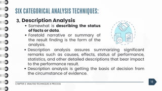 SIX CATEGORICAL ANALYSIS TECHNIQUES:
CHAPTER 2: ANALYSIS TECHNIQUES & PROCESS
18
3. Description Analysis
Somewhat is describing the status
of facts or data.
Foretold narrative or summary of
the result finding is the form of the
analysis.
Description analysis assures summarizing significant
remarks such as causes, effects, status of performance,
statistics, and other detailed descriptions that bear impact
to the performance result.
Description analysis is getting the basis of decision from
the circumstance of evidence.
 