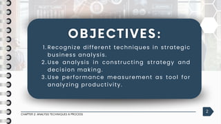 Recognize different techniques in strategic
business analysis.
1.
Use analysis in constructing strategy and
decision making.
2.
Use performance measurement as tool for
analyzing productivity.
3.
CHAPTER 2: ANALYSIS TECHNIQUES & PROCESS
2
 