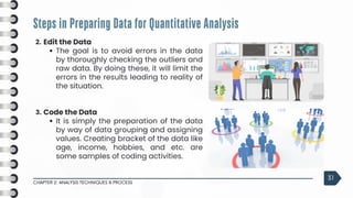 Steps in Preparing Data for Quantitative Analysis
CHAPTER 2: ANALYSIS TECHNIQUES & PROCESS
31
2. Edit the Data
The goal is to avoid errors in the data
by thoroughly checking the outliers and
raw data. By doing these, it will limit the
errors in the results leading to reality of
the situation.
3. Code the Data
It is simply the preparation of the data
by way of data grouping and assigning
values. Creating bracket of the data like
age, income, hobbies, and etc. are
some samples of coding activities.
 