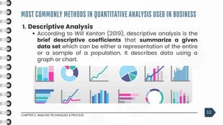 MOST COMMONLY METHODS IN QUANTITATIVE ANALYSIS USED IN BUSINESS
CHAPTER 2: ANALYSIS TECHNIQUES & PROCESS
32
1. Descriptive Analysis
According to Will Kenton (2019), descriptive analysis is the
brief descriptive coefficients that summarize a given
data set which can be either a representation of the entire
or a sample of a population. It describes data using a
graph or chart.
 