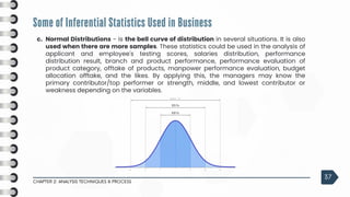 Some of Inferential Statistics Used in Business
CHAPTER 2: ANALYSIS TECHNIQUES & PROCESS
37
c. Normal Distributions - is the bell curve of distribution in several situations. It is also
used when there are more samples. These statistics could be used in the analysis of
applicant and employee's testing scores, salaries distribution, performance
distribution result, branch and product performance, performance evaluation of
product category, offtake of products, manpower performance evaluation, budget
allocation offtake, and the likes. By applying this, the managers may know the
primary contributor/top performer or strength, middle, and lowest contributor or
weakness depending on the variables.
 