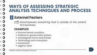 2
CHAPTER 2: ANALYSIS TECHNIQUES & PROCESS
4
External Factors
encompasses everything that is outside of the control
of a business.
EXAMPLES:
Environmental condition
Political or government system
Sociological norms and trends
Technology and innovation
Economics
Legal or laws
WAYS OF ASSESSING STRATEGIC
WAYS OF ASSESSING STRATEGIC
ANALYSIS TECHNIQUES AND PROCESS
ANALYSIS TECHNIQUES AND PROCESS
 