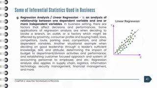 Regression Analysis / Linear Regression - is an analysis of
relationship between one dependent variable and one or
more independent variables. In business setting, there are
factors that affect decisions and performances. Some
applications of regression analysis are when deciding to
locate a branch, an outlet, or a factory which might be
affected by proximity, consumer profile and buying habit, laws,
competitors, route, parking area, competitors, and other
dependent variables. Another situational example when
deciding on good leadership through a leader's sufficient
knowledge, skill, and attitude; determining the impact of
budget to department/division activities and performance;
and establishing customer focused approach and system of
accounting personnel to employee; and etc. Regression
analysis also applies in supply chain, logistics, information
technology, security management, financial management,
and more.
Some of Inferential Statistics Used in Business
CHAPTER 2: ANALYSIS TECHNIQUES & PROCESS
41
g.
 