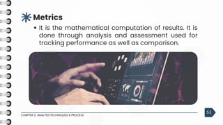 3
Metrics
It is the mathematical computation of results. It is
done through analysis and assessment used for
tracking performance as well as comparison.
CHAPTER 2: ANALYSIS TECHNIQUES & PROCESS
53
 