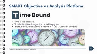 SMART Objective as Analysis Platform
SMART Objective as Analysis Platform
CHAPTER 2: ANALYSIS TECHNIQUES & PROCESS
9
Time is the essence.
Timely structure is organized in setting goals.
The authenticity of period is relevant in the process of analysis.
ime Bound
 