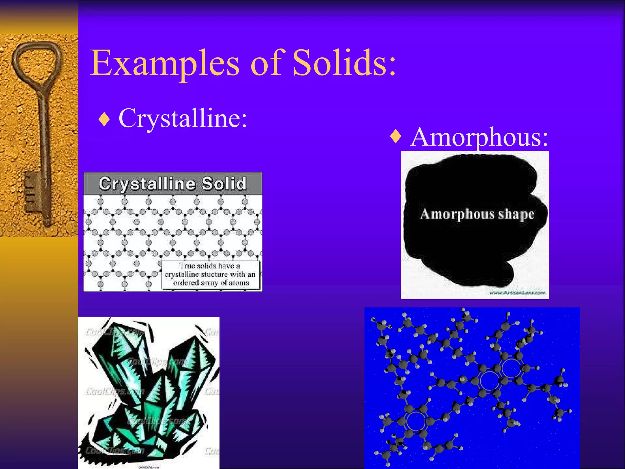Examples of Solids: Crystalline: Amorphous: 