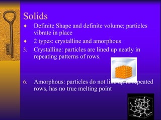 Solids Definite Shape and definite volume; particles vibrate in place 2 types: crystalline and amorphous Crystalline: particles are lined up neatly in repeating patterns of rows.  Amorphous: particles do not line up in repeated rows, has no true melting point 