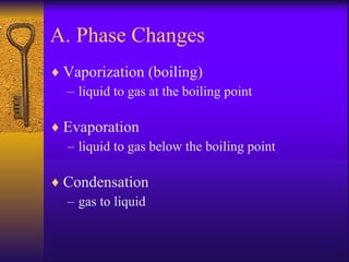 A. Phase Changes Vaporization (boiling) liquid to gas at the boiling point Evaporation liquid to gas below the boiling point Condensation gas to liquid 