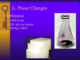 A. Phase Changes Sublimation solid to gas EX: dry ice, freeze drying, iodine 