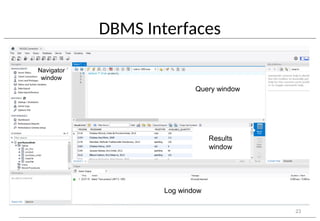 DBMS Interfaces
23
Query window
Results
window
Log window
Navigator
window
 
