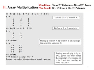 6
CHAPTER 3
II. Array Multiplication
Condition : No. of 1st
Columns = No. of 2nd
Rows
The Result: No. 1st
Rows X No. 2nd
Columns
 