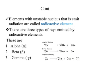 Cont.
Elements with unstable nucleus that is emit
radiation are called radioactive element.
There are three types of rays emitted by
radioactive elements.
These are
1. Alpha (α)
2. Beta (β)
3. Gamma ( γ)
 