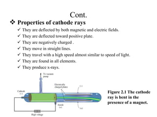 Cont.
 Properties of cathode rays
 They are deflected by both magnetic and electric fields.
 They are deflected toward positive plate.
 They are negatively charged .
 They move in straight lines.
 They travel with a high speed almost similar to speed of light.
 They are found in all elements.
 They produce x-rays.
Figure 2.1 The cathode
ray is bent in the
presence of a magnet.
 