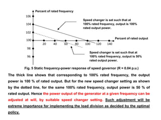 Percent of rated output
Percent of rated frequency
The thick line shows that corresponding to 100% rated frequency, the output
power is 100 % of rated output. But for the new speed changer setting as shown
by the dotted line, for the same 100% rated frequency, output power is 50 % of
rated output. Hence the power output of the generator at a given frequency can be
adjusted at will, by suitable speed changer setting. Such adjustment will be
extreme importance for implementing the load division as decided by the optimal
policy.
98
96
106
20 40 60 80 100 120 140
104
102
100
Fig. 5 Static frequency-power response of speed governor (R = 0.04 p.u.)
Speed changer is set such that at
100% rated frequency, output is 100%
rated output power.
Speed changer is set such that at
100% rated frequency, output is 50%
rated output power.
 