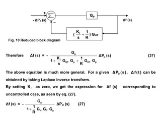 Fig. 10 Reduced block diagram
_ Δf (s)
+
- ΔPD (s)
Therefore Δf (s) = - (s)ΔP
GG
R
1
GG
s
K
1
G
D
pHTpHT
I
p

(37)
The above equation is much more general. For a given )s(PΔ D , )t(fΔ can be
obtained by taking Laplace inverse transform.
By setting IK as zero, we get the expression for Δf (s) corresponding to
uncontrolled case, as seen by eq. (27).
Δf (s) = -
pTH
p
GGG
R
1
1
G

ΔPD (s) (27)
Gp
(
R
1
s
KI
 ) GHT
 