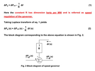 ΔPref (s)
Δf (s)
+
_
ΔPg (s)
Fig. 2 Block diagram of speed governor
ΔPg = ΔPref -
R
1
Δf (1)
Here the constant R has dimension hertz per MW and is referred as speed
regulation of the governor.
Taking Laplace transform of eq. 1 yields
ΔPg (s) = ΔPref (s) -
R
1
Δf (s) (2)
The block diagram corresponding to the above equation is shown in Fig. 2.
R
1
 