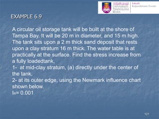 A circular oil storage tank will be built at the shore of
Tampa Bay. It will be 20 m in diameter, and 15 m high.
The tank sits upon a 2 m thick sand deposit that rests
upon a clay stratum 16 m thick. The water table is at
practically at the surface. Find the stress increase from
a fully loadedtank,
1- at mid-clay stratum, (a) directly under the center of
the tank,
2- at its outer edge, using the Newmark influence chart
shown below.
IR= 0.001
EXAMPLE 6.9
101
 