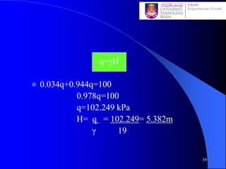 q=γH
⚫ 0.034q+0.944q=100
0.978q=100
q=102.249 kPa
H= q = 102.249= 5.382m
γ 19
39
 