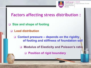 Factors affecting stress distribution :
❑ Size and shape of footing
❑ Load distribution
❑ Contact pressure – depends on the rigidity
of footing and stiffness of foundation soil
❑ Modulus of Elasticity and Poisson’s ratio
❑ Position of rigid boundary
5
 