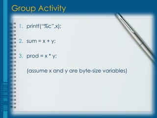 Group Activity

 1. printf(“%c”,x);

 2. sum = x + y;

 3. prod = x * y;

    (assume x and y are byte-size variables)
 