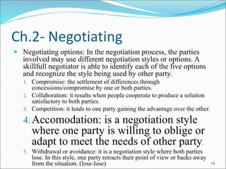 14
 Negotiating options: In the negotiation process, the parties
involved may use different negotiation styles or options. A
skillfull negotiator is able to identify each of the five options
and recognize the style being used by other party.
1. Compromise: the settlement of differences through
concessions/compromise by one or both parties.
2. Collaboration: it results when people cooperate to produce a solution
satisfactory to both parties.
3. Competition: it leads to one party gaining the advantage over the other.
4.Accomodation: is a negotiation style
where one party is willing to oblige or
adapt to meet the needs of other party.
5. Withdrawal or avoidance: it is a negotiation style where both parties
lose. In this style, one party retracts their point of view or backs away
from the situation. (lose-lose)
Ch.2- Negotiating
 