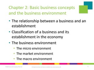©2019 Juta and Company (Pty) Ltd 1
Entrepreneurship and how to establish your own business 6e
Chapter 2: Basic business concepts
and the business environment
• The relationship between a business and an
establishment
• Classification of a business and its
establishment in the economy
• The business environment
• The micro environment
• The market environment
• The macro environment
 
