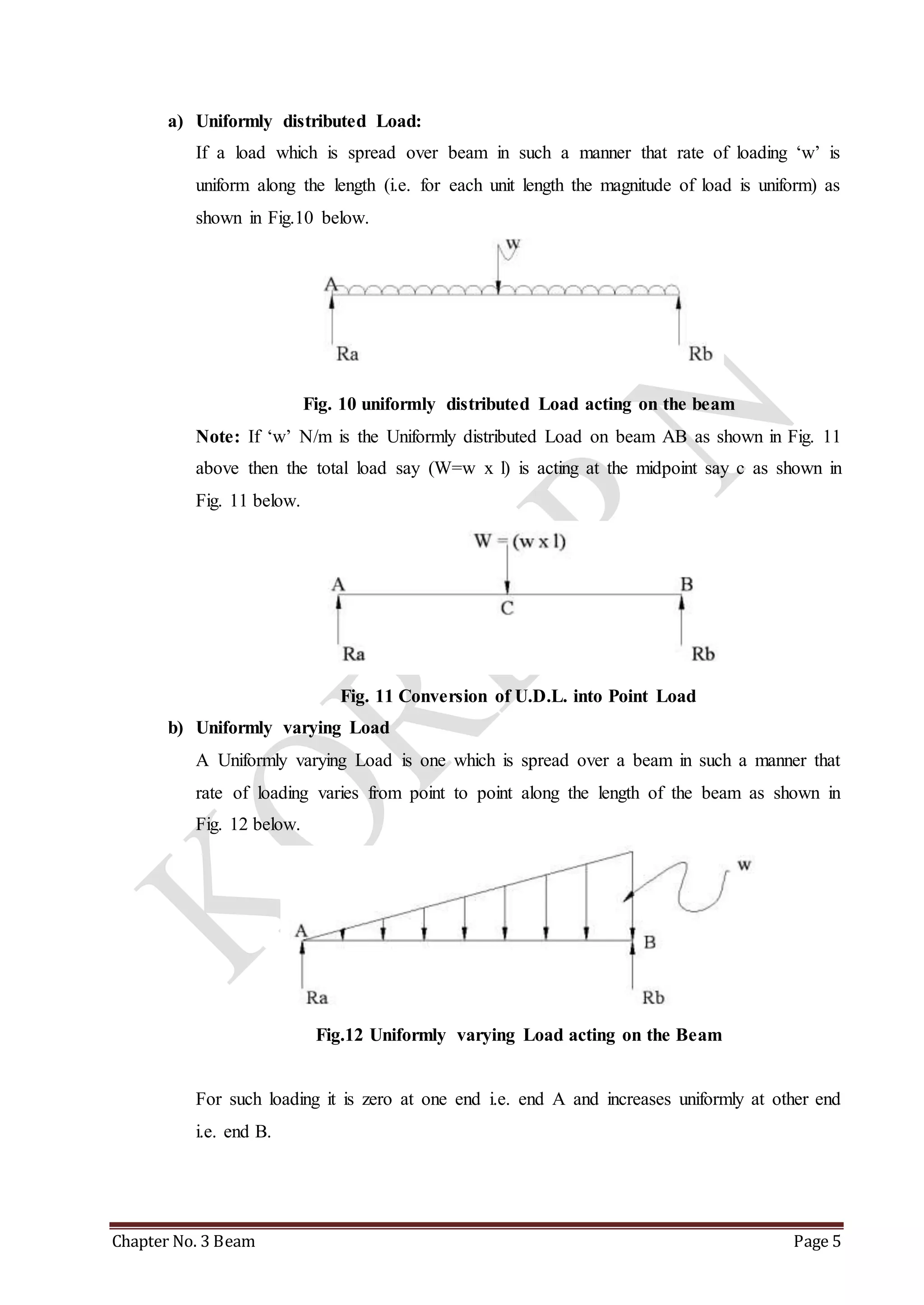 a) Uniformly distributed Load: 
If a load which is spread over beam in such a manner that rate of loading ‘w’ is 
uniform along the length (i.e. for each unit length the magnitude of load is uniform) as 
shown in Fig.10 below. 
Fig. 10 uniformly distributed Load acting on the beam 
Note: If ‘w’ N/m is the Uniformly distributed Load on beam AB as shown in Fig. 11 
above then the total load say (W=w x l) is acting at the midpoint say c as shown in 
Fig. 11 below. 
Fig. 11 Conversion of U.D.L. into Point Load 
b) Uniformly varying Load 
A Uniformly varying Load is one which is spread over a beam in such a manner that 
rate of loading varies from point to point along the length of the beam as shown in 
Fig. 12 below. 
Fig.12 Uniformly varying Load acting on the Beam 
For such loading it is zero at one end i.e. end A and increases uniformly at other end 
i.e. end B. 
Chapter No. 3 Beam Page 5 
 