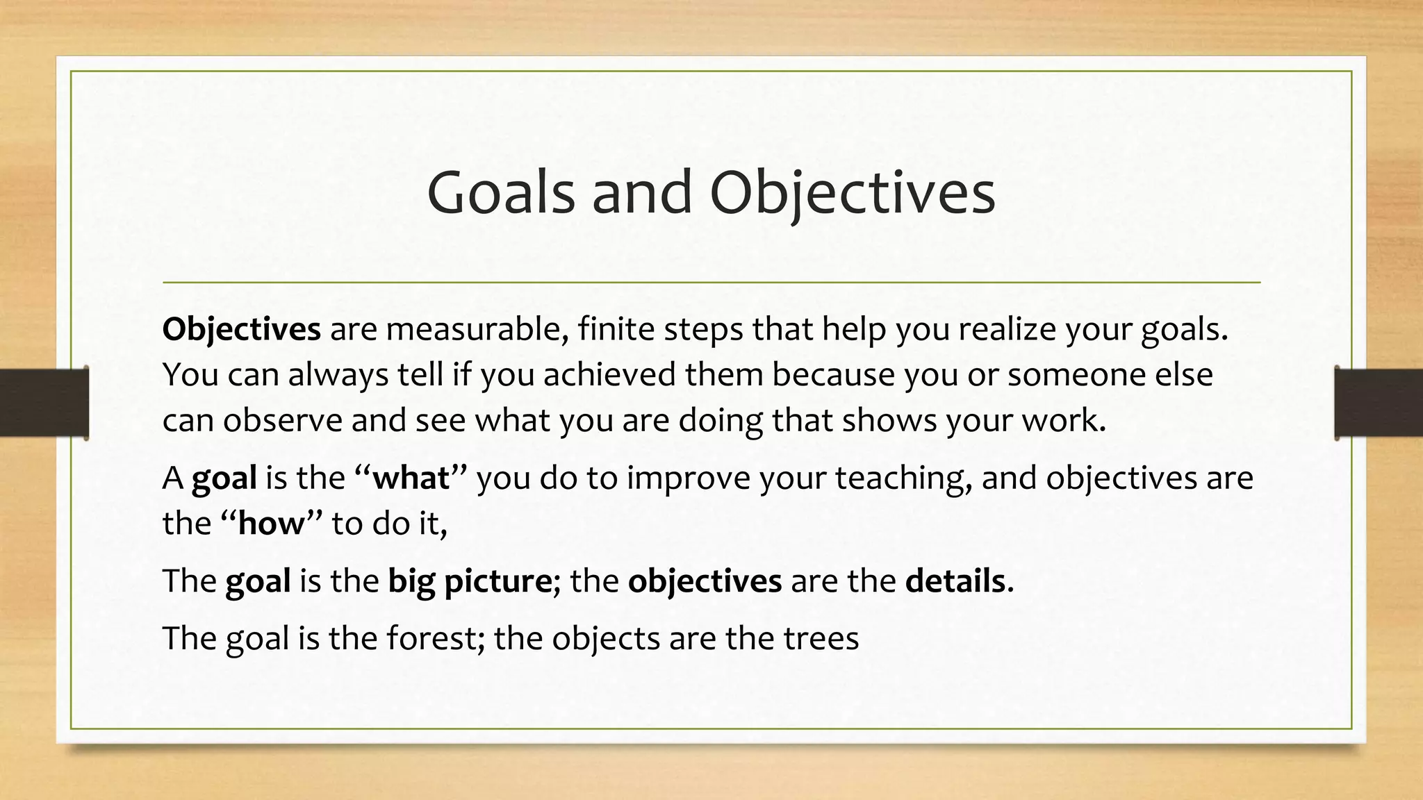 Goals and Objectives
Objectives are measurable, finite steps that help you realize your goals.
You can always tell if you achieved them because you or someone else
can observe and see what you are doing that shows your work.
A goal is the “what” you do to improve your teaching, and objectives are
the “how” to do it,
The goal is the big picture; the objectives are the details.
The goal is the forest; the objects are the trees
 