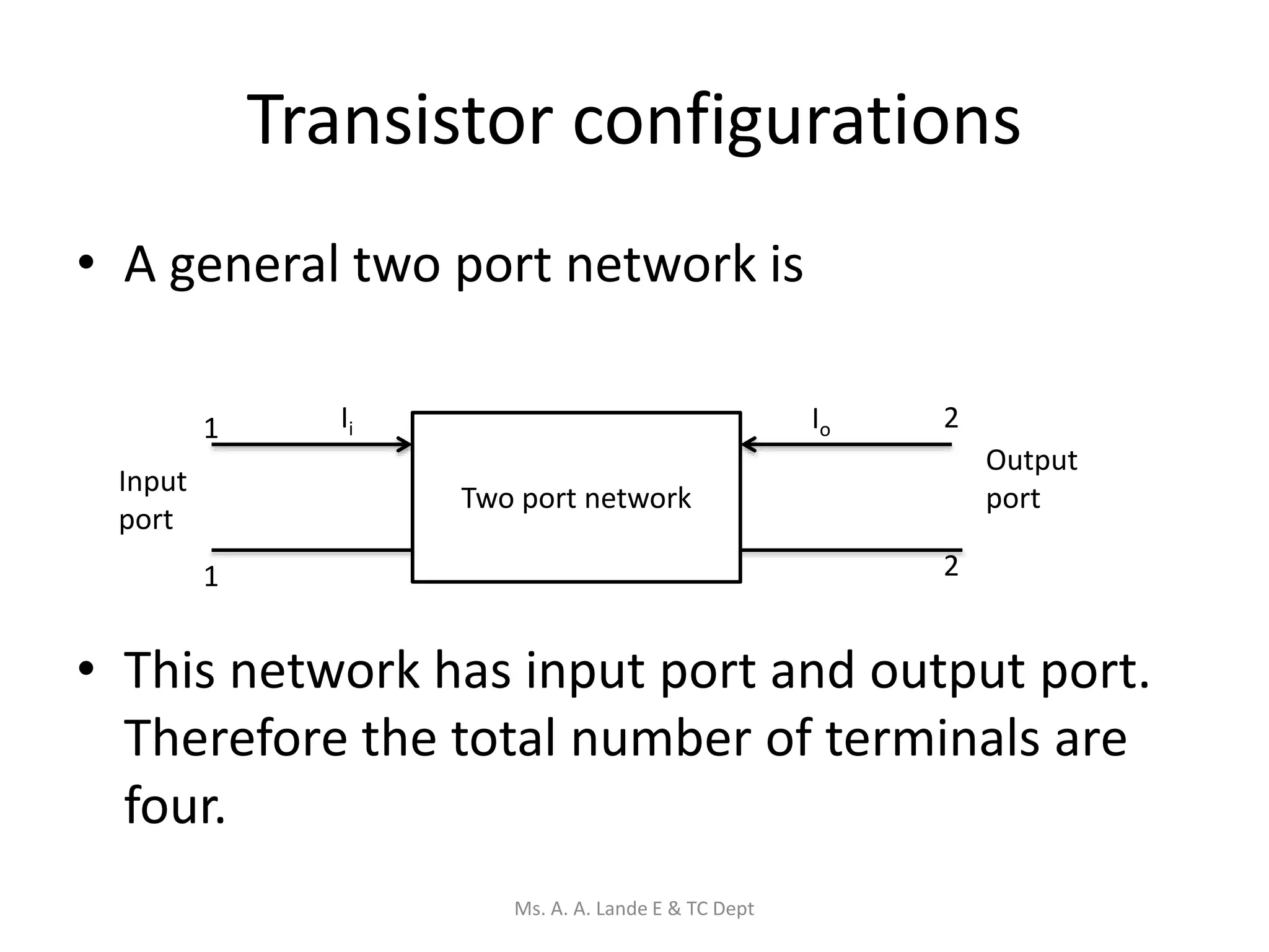 Transistor configurations
• A general two port network is
• This network has input port and output port.
Therefore the total number of terminals are
four.
Two port network
Input
port
Output
port
1
1
2
2
Ii Io
Ms. A. A. Lande E & TC Dept
 