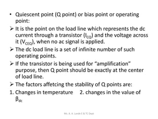 • Quiescent point (Q point) or bias point or operating
point:
 It is the point on the load line which represents the dc
current through a transistor (ICQ) and the voltage across
it (VCEQ), when no ac signal is applied.
 The dc load line is a set of infinite number of such
operating points.
 If the transistor is being used for “amplification”
purpose, then Q point should be exactly at the center
of load line.
 The factors affetcing the stability of Q points are:
1. Changes in temperature 2. changes in the value of
βdc
Ms. A. A. Lande E & TC Dept
 