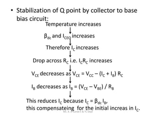 • Stabilization of Q point by collector to base
bias circuit:
βdc and ICEO increases
Therefore IC increases
Drop across RC i.e. ICRC increases
VCE decreases as VCE = VCC – (IC + IB) RC
IB decreases as IB = (VCE – VBE) / RB
This reduces IC because IC = βdc IB,
this compensateing for the initial increas in IC.
Temperature increases
Ms. A. A. Lande E & TC Dept
 