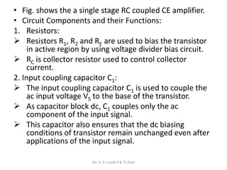 • Fig. shows the a single stage RC coupled CE amplifier.
• Circuit Components and their Functions:
1. Resistors:
 Resistors R1, R2 and RE are used to bias the transistor
in active region by using voltage divider bias circuit.
 RC is collector resistor used to control collector
current.
2. Input coupling capacitor C1:
 The input coupling capacitor C1 is used to couple the
ac input voltage VS to the base of the transistor.
 As capacitor block dc, C1 couples only the ac
component of the input signal.
 This capacitor also ensures that the dc biasing
conditions of transistor remain unchanged even after
applications of the input signal.
Ms. A. A. Lande E & TC Dept
 