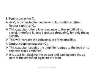 3. Bypass capacitor CE:
 As CE is connected in parallel with RE is called emitter
bypass capacitor CE.
 This capacitor offer a low reactance to the amplified ac
signal, therefore RE gets bypassed through CE for only the ac
signals.
 This will increase the voltage gain of the amplifier.
4. Output coupling capacitor C2:
 This capacitor couples the amplifier output to the load or to
the next stage amplifier.
 It is used for blocking the dc part and passing only the ac
part of the amplified signal to the load.
Ms. A. A. Lande E & TC Dept
 