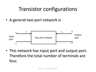 Transistor configurations
• A general two port network is
• This network has input port and output port.
Therefore the total number of terminals are
four.
Two port network
Input
port
Output
port
1
1
2
2
Ii Io
Ms. A. A. Lande E & TC Dept
 