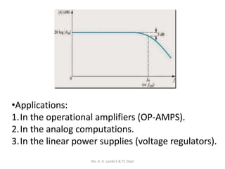 •Applications:
1.In the operational amplifiers (OP-AMPS).
2.In the analog computations.
3.In the linear power supplies (voltage regulators).
Ms. A. A. Lande E & TC Dept
 