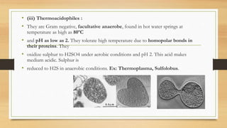• (iii) Thermoacidophiles :
• They are Gram negative, facultative anaerobe, found in hot water springs at
temperature as high as 80ºC
• and pH as low as 2. They tolerate high temperature due to homopolar bonds in
their proteins. They
• oxidize sulphur to H2SO4 under aerobic conditions and pH 2. This acid makes
medium acidic. Sulphur is
• reduced to H2S in anaerobic conditions. Ex: Thermoplasma, Sulfolobus.
 