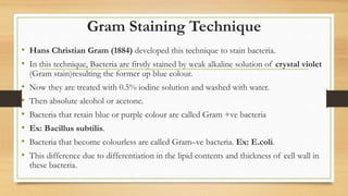Gram Staining Technique
• Hans Christian Gram (1884) developed this technique to stain bacteria.
• In this technique, Bacteria are firstly stained by weak alkaline solution of crystal violet
(Gram stain)resulting the former up blue colour.
• Now they are treated with 0.5% iodine solution and washed with water.
• Then absolute alcohol or acetone.
• Bacteria that retain blue or purple colour are called Gram +ve bacteria
• Ex: Bacillus subtilis.
• Bacteria that become colourless are called Gram–ve bacteria. Ex: E.coli.
• This difference due to differentiation in the lipid contents and thickness of cell wall in
these bacteria.
 