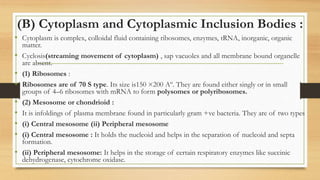 (B) Cytoplasm and Cytoplasmic Inclusion Bodies :
• Cytoplasm is complex, colloidal fluid containing ribosomes, enzymes, tRNA, inorganic, organic
matter.
• Cyclosis(streaming movement of cytoplasm) , sap vacuoles and all membrane bound organelle
are absent.
• (1) Ribosomes :
• Ribosomes are of 70 S type. Its size is150 ×200 Aº. They are found either singly or in small
groups of 4–6 ribosomes with mRNA to form polysomes or polyribosomes.
• (2) Mesosome or chondrioid :
• It is infoldings of plasma membrane found in particularly gram +ve bacteria. They are of two types
• (i) Central mesosome (ii) Peripheral mesosome
• (i) Central mesosome : It holds the nucleoid and helps in the separation of nucleoid and septa
formation.
• (ii) Peripheral mesosome: It helps in the storage of certain respiratory enzymes like succinic
dehydrogenase, cytochrome oxidase.
 