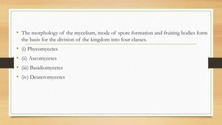 • The morphology of the mycelium, mode of spore formation and fruiting bodies form
the basis for the division of the kingdom into four classes.
• (i) Phycomycetes
• (ii) Ascomycetes
• (iii) Basidiomycetes
• (iv) Deuteromycetes
 
