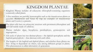 KINGDOM PLANTAE
• Kingdom Plantae includes all eukaryotic chlorophyll-containing organisms
commonly called plants.
• A few members are partially heterotrophic such as the insectivorous plants or
parasites. Bladderwort and Venus fly trap are examples of insectivorous
plants and Cuscuta is a parasite.
• The plant cells have an eukaryotic structure with prominent chloroplasts and
cell wall mainly made of cellulose.
• Plantae includes algae, bryophytes, pteridophytes, gymnosperms and
angiosperms.
• Life cycle of plants has two distinct phases – the diploid sporophytic and the
haploid gametophytic – that alternate with each other.
• The lengths of the haploid and diploid phases, and whether these phases are
free– living or dependent on others, vary among different groups in plants.
This phenomenon is called alternation of generation.
 