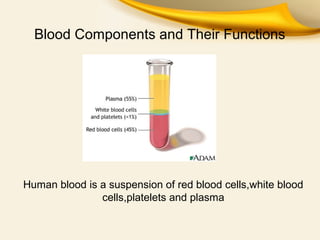 Blood Components and Their Functions

Human blood is a suspension of red blood cells,white blood
cells,platelets and plasma

 