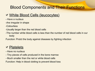 Blood Components and Their Functions
White Blood Cells (leucocytes)
- Have a nucleus
-Are irregular in shape
-Colourless
-Usually larger than the red blood cells
-The number white blood cells is less than the number of red blood cells in our
body
Function: Protct the body against diseases by fighting infection

Platelets
- Have no nucleus
- Tiny pieces of cells produced in the bone marrow
- Much smaller than the red or white blood cells
Function: Help in blood clotting to prevent blood loss

 