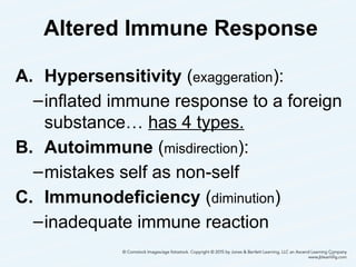 Altered Immune Response
A. Hypersensitivity (exaggeration):
–inflated immune response to a foreign
substance… has 4 types.
B. Autoimmune (misdirection):
–mistakes self as non-self
C. Immunodeficiency (diminution)
–inadequate immune reaction
18
 