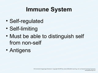 Immune System
• Self-regulated
• Self-limiting
• Must be able to distinguish self
from non-self
• Antigens
2
 
