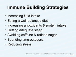 Immune Building Strategies
• Increasing fluid intake
• Eating a well-balanced diet
• Increasing antioxidants & protein intake
• Getting adequate sleep
• Avoiding caffeine & refined sugar
• Spending time outdoors
• Reducing stress
45
 