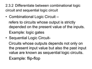 2.3.2 Differentiate between combinational logic
circuit and sequential logic circuit
• Combinational Logic Circuit –
refers to circuits whose output is strictly
depended on the present value of the inputs.
Example: logic gates
• Sequential Logic Circuit-
Circuits whose outputs depends not only on
the present input value but also the past input
value are known as sequential logic circuits.
Example: flip-flop
 