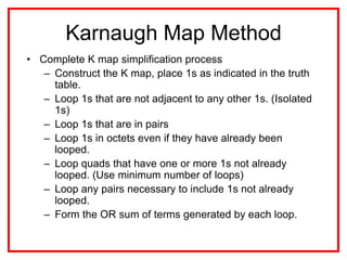 Karnaugh Map Method
• Complete K map simplification process
– Construct the K map, place 1s as indicated in the truth
table.
– Loop 1s that are not adjacent to any other 1s. (Isolated
1s)
– Loop 1s that are in pairs
– Loop 1s in octets even if they have already been
looped.
– Loop quads that have one or more 1s not already
looped. (Use minimum number of loops)
– Loop any pairs necessary to include 1s not already
looped.
– Form the OR sum of terms generated by each loop.
 