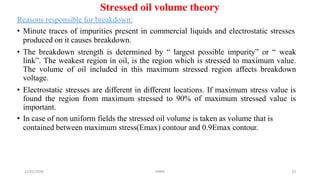 21/01/2020 MBM 23
Stressed oil volume theory
Reasons responsible for breakdown:
• Minute traces of impurities present in commercial liquids and electrostatic stresses
produced on it causes breakdown.
• The breakdown strength is determined by “ largest possible impurity” or “ weak
link”. The weakest region in oil, is the region which is stressed to maximum value.
The volume of oil included in this maximum stressed region affects breakdown
voltage.
• Electrostatic stresses are different in different locations. If maximum stress value is
found the region from maximum stressed to 90% of maximum stressed value is
important.
• In case of non uniform fields the stressed oil volume is taken as volume that is
contained between maximum stress(Emax) contour and 0.9Emax contour.
 